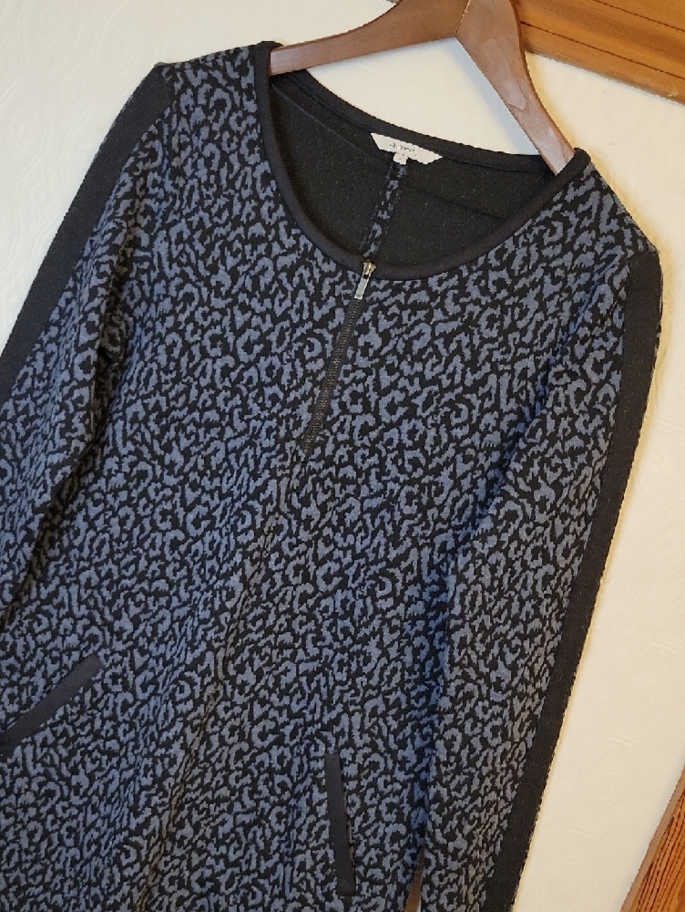 Sandwich Patterned Black Grey Long-Sleeve‎ Zip Front Knit Dress